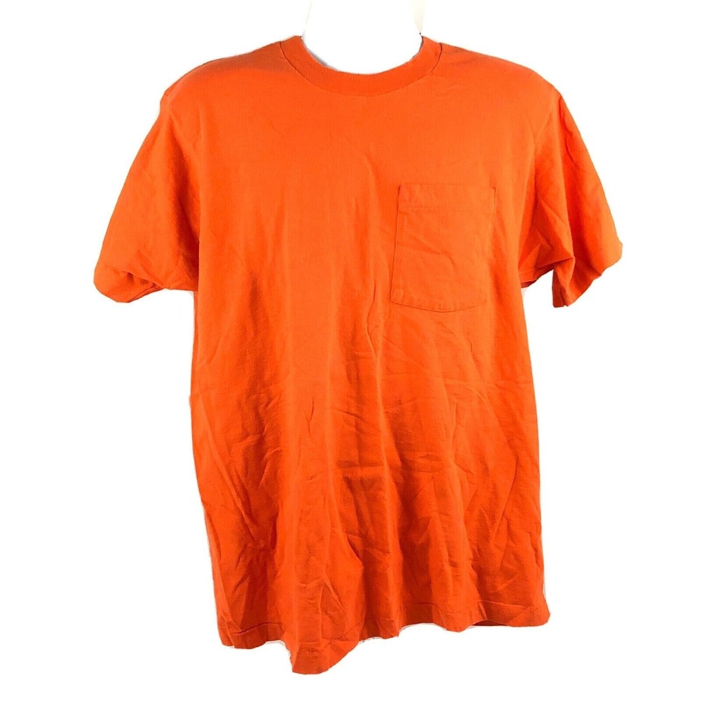 Vintage 80s BVD Pocket T-Shirt 2XL Single Stitch‎ Plain Blank Orange USA Made